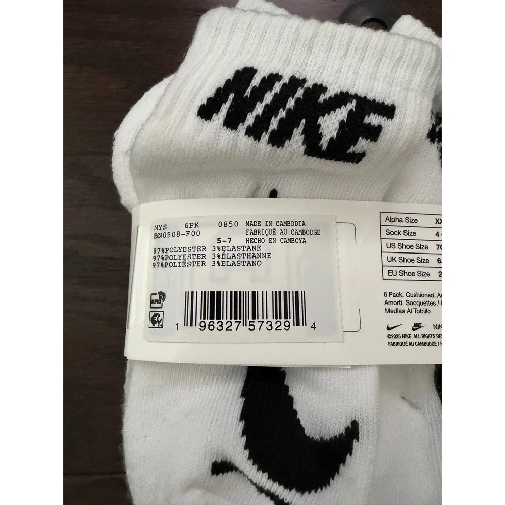 Nike Kids 6 Pack Everyday Cushioned Ankle Socks White Black BN0508-F00 10C-3Y